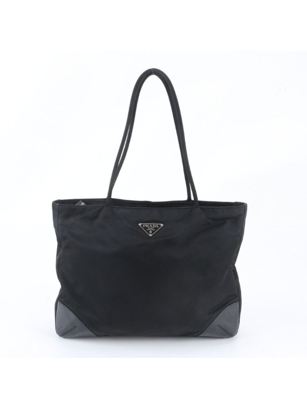 Prada Tessuto Nylon Triangle Logo Leather Tote Shoulder Black